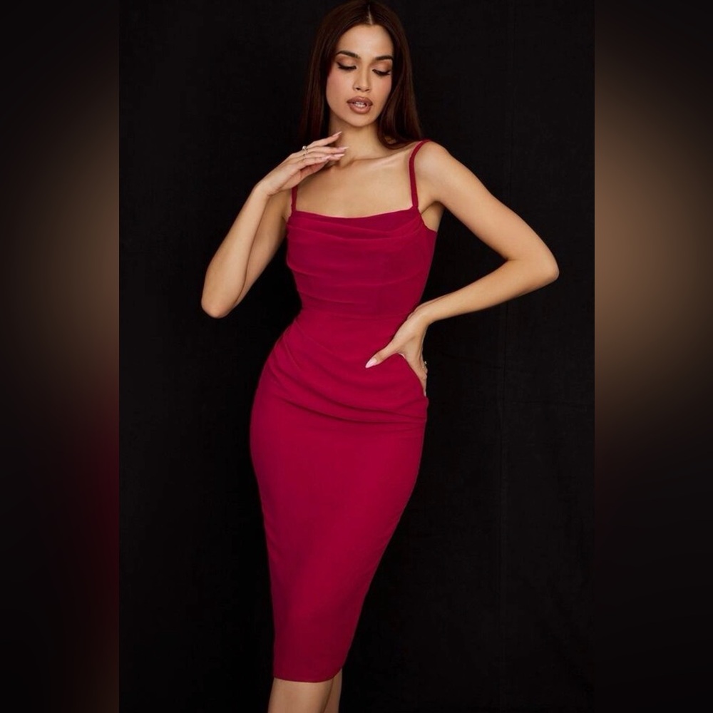 House Of CB Jamille Berry Draped Corset Midi Dress